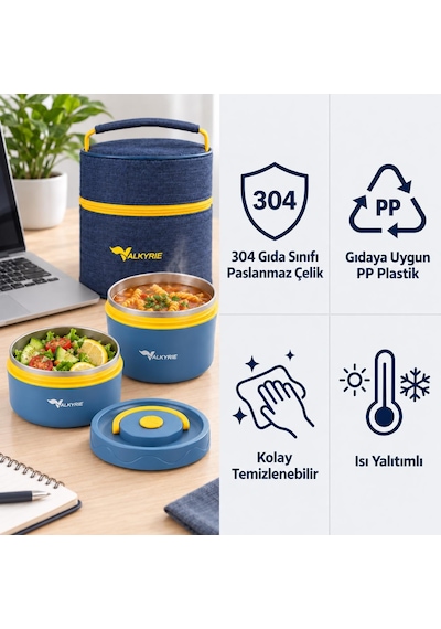 Valkyrie 2 Katlı Taraftar 304 Paslanmaz Çelik Yemek Termosu 420+550 Ml Isı Yalıtımlı Çantalı Lacivert