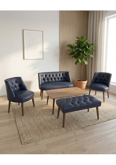 Milano Lacivert Deri Çay Seti Koltuk Takımı 2+1+1 Bench Sehpa Dahil Ofis Balkon Kuaför Bekleme Takımı