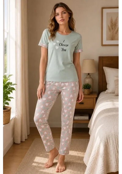 Zenna Tarz Pamuklu Penye Baskılı Kısa Kollu Bisiklet Yaka Pijama Takımı - Mint