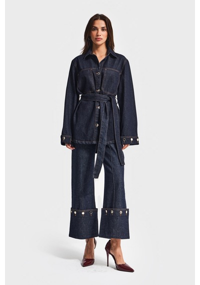 Kadın İndigo Renk 7w5-50 Kemer Detaylı %100 Koton Denim Trençkot