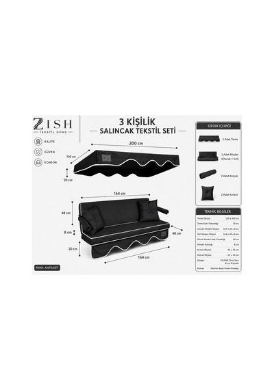 Zishtekstil Keten Kumaş Süngerli Gölgelikli 3 Kişilik Salıncak Minderi 8 Cm Antrasit