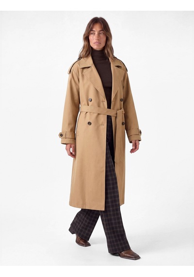 Koton Uzun Kollu Kemerli Çift Cepli Oversize Gabardin Kruvaze Trençkot Bej 7wak00236ew Ekru