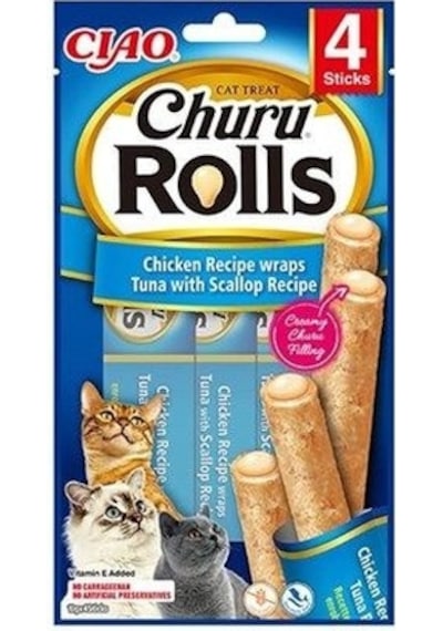 Ciao Churu Rolls Sticks Deniz Taraklı, Tavuk Sargılı ve Ton Balıklı Kedi Ödül Maması 4 x 10 G