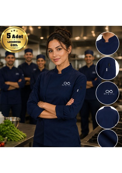 Logonuza Özel 5 Adet Lacivert Kadın Şef Ceketi - Gabardin Kumaş Profesyonel Aşçı Ceketi