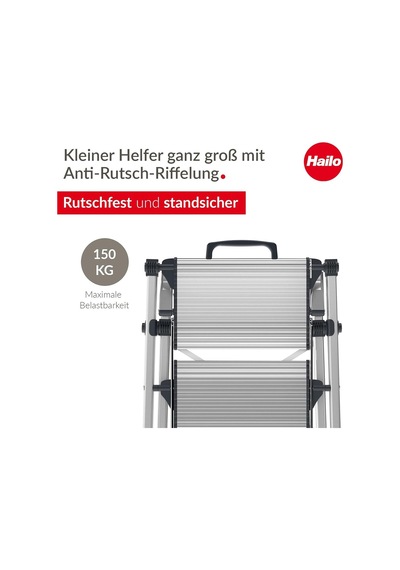 Hailo Mk80 Comfortline Alüminyum Katlanır Merdiven - 150 Kg'a Kadar 2 Büyük Basamak - Entegre Kilit Açma Fonksiyonl Genel