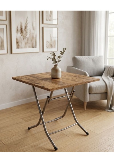 Ahşap Desenli Katlanabilir Mutfak Balkon Masası Yemek Masası 60x60 Cm Beyaz