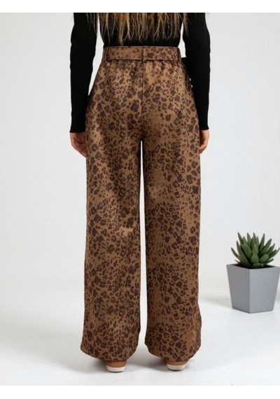 Zekids Kız Çocuk Leopar Desenli Süet Geniş Paça Tasarım Pantolon-16291 Kahverengi
