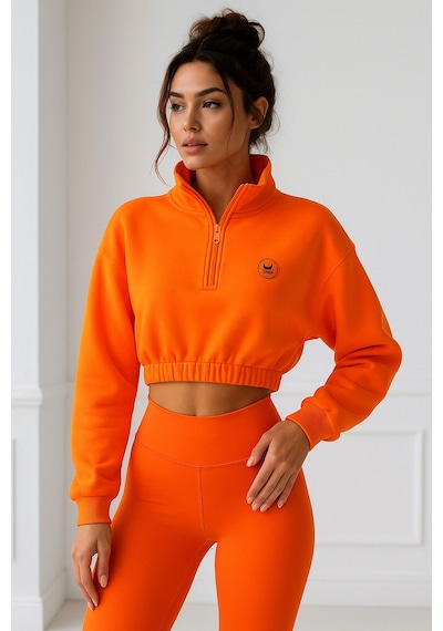 Kadın Oranj Yarım Fermuarlı Beli Lastikli Crop Sweatshirt Turuncu