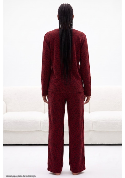 Siyah İnci Leopar Baskılı Örme Pijama Takım 8078 Bordo Leopar