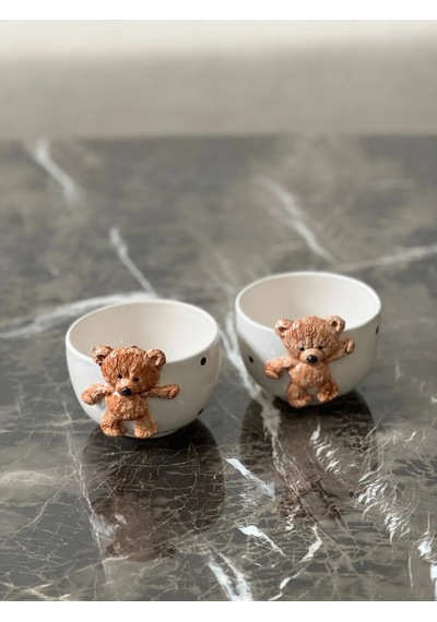 Meggdecor Teddy Bear 2 Adet Kabartma Kase 300ml Beyaz