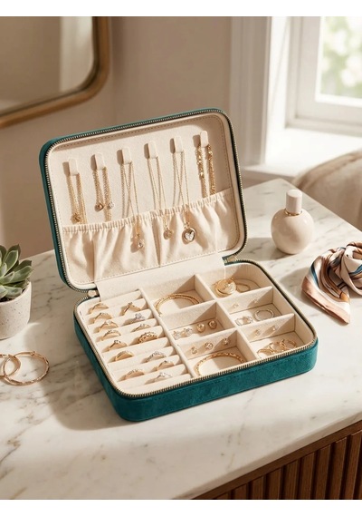 Takı Kutusu Düzenleyici Seyahat Çantası Kolye Yüzük Küpe Organizer Kadife Yeşil 22cmx17cm