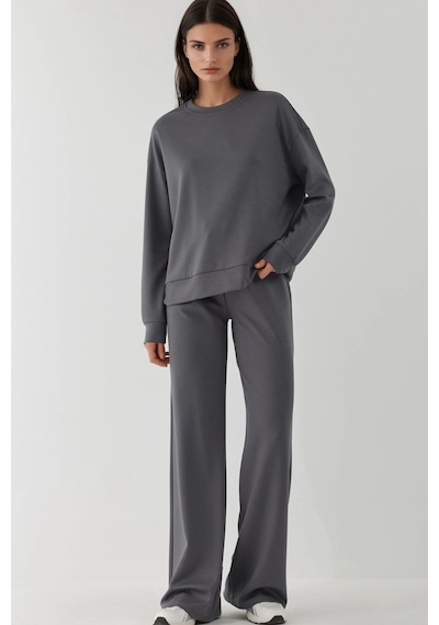 Hiccup Modal Touch Basic Sweatshirt & Geniş Paça Pantolon İkili Takım Koyu Gri