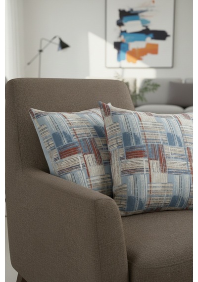 Chevron Bohem Dekoratif Punch Yastık Kırlent Kılıfı 2 Adet 45x45 Etnik Mavi 45 x 45