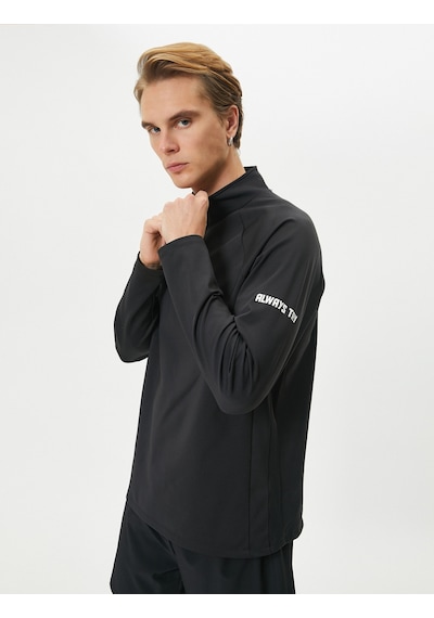 Koton Spor Sweatshirt Yarım Fermuarlı Dik Yaka Slogan Baskılı Siyah 4sam70017nk Siyah