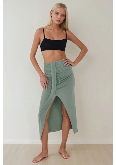 Hiccup Drapeli Yüksek Bel Bodycon Sandy Maxi Etek Haki Yeşil