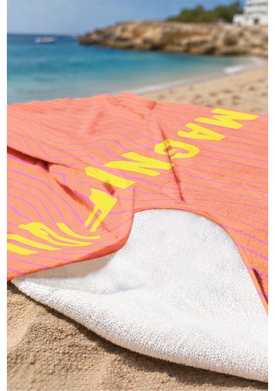 Çizgili Yazı Detaylı Plaj Havlusu - Modern Pembe Turuncu Hızlı Kuruyan Mikrofiber Havlu Havuz Deniz Uçuk Deniz