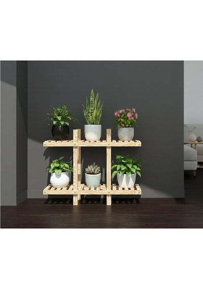Doğal Köknar Ahşap 2 Katlı Dekoratif Çiçeklik - 100x100 Cm Derinlik 25 Cm Büyük Boy Saksı Standı Bej