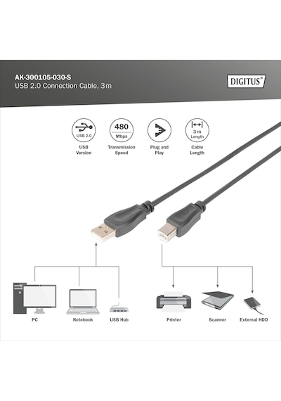 Assmann Ak-300105-030-s Usb 2.0 Bağlantı Kablosu, Tip A - B Erkek/erkek, 3, 0 M, Usb 2.0 Uyumlu Standart