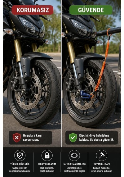 Busstier Motosiklet Ve Scooter Disk Kilidi Seti, Disk Fren Kilidi, Fosforlu Hatırlatma Kablosu