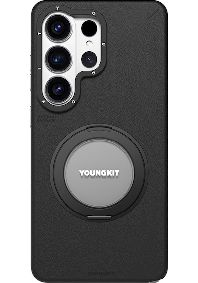 Galaxy S26 Ultra Kılıf M-safe Uyumlu 360 Standlı Mat Deri Desenli Youngkit Tech Leather Kapak Siyah Siyah