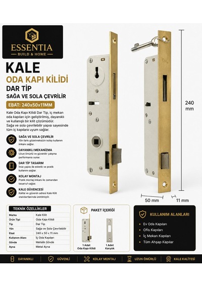 Kale Oda Kapı Kilidi Dar Tip Pirinç Aynalı Sağa Ve Sola Çevrilebilir İç Kapı Kilidi 240x50x11 Mm Çoklu Renk
