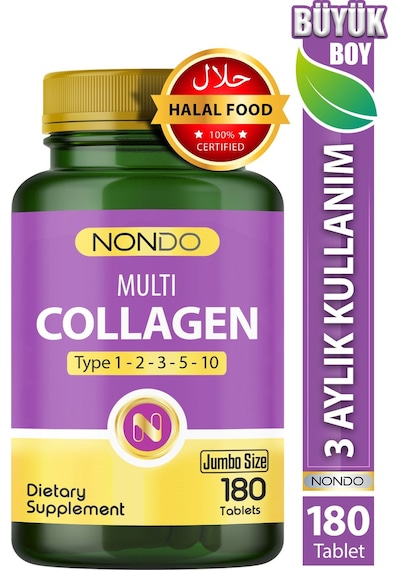 Nondo Multi Kolejen 180 Tablet jumbo Boy 5 Çeşit Kolajen Tip 1-2-3-5-10 Hyalüronik Asit Çinko