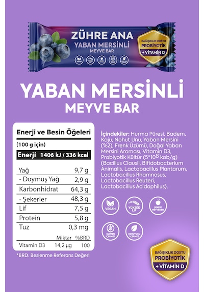 Probiyotik Ve Vitamin D İçeren Meyve Bar, Şeker İlavesiz Yaban Mersinli 35 Gr X 12 Adet