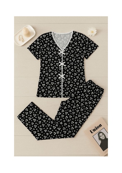 Fantezia Night Kadın Siyah Beyaz Kalp Desenli Fiyonklu Kısa Kollu Pijama Takımı