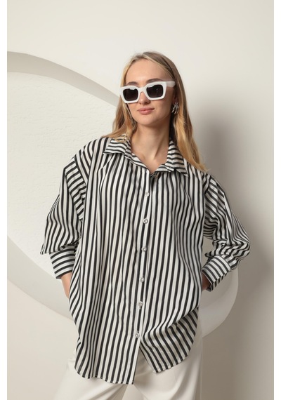 Chıcnhappy Poplin Kalın Çizgi Kadın Gömlek Siyah 24pn50610147 Siyah