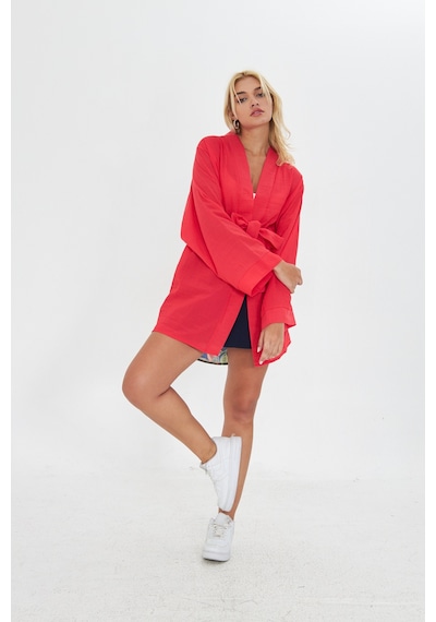 Kutaf Kırmızı Ultra Soft Arkası Desenli Kimono Kırmızı