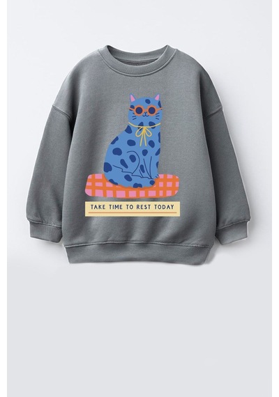 Monila Kız Çocuk 3 İplik Kumaş Pamuklu Mavi Kedi Baskılı Sweatshirt Antrasit