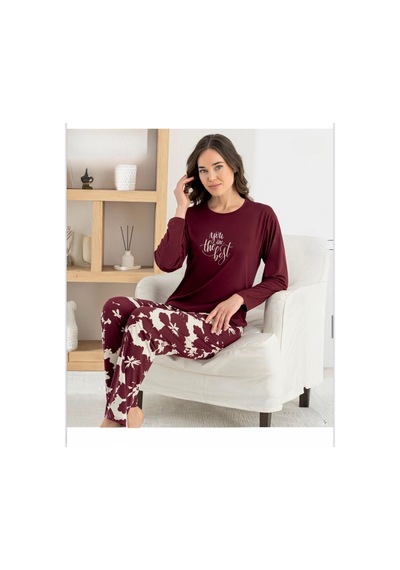Pijamoni Kadın Milan Bisiklet Yaka Uzun Kol İnce Pijama Takımı 7600/21 - 1 Adet Bordo