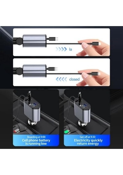 Araç Çekilebilir Araç Şarj Cihazı 2 Usb Bağlantı Noktası Desteği 120w Süper Hızlı Şarj Flaş Şarj 4'ü 1 Arada Çakmak, A