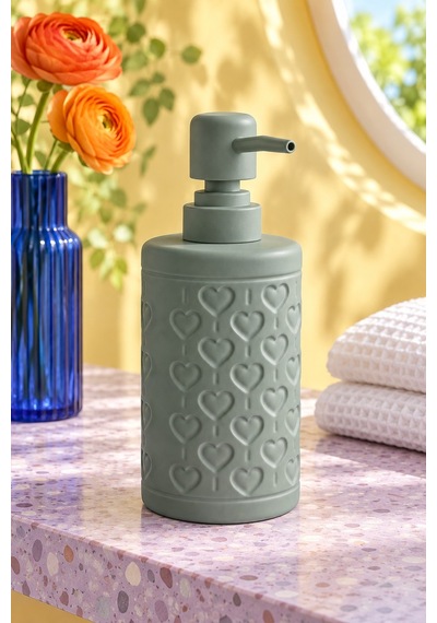 Rosıe Adaçayı Yeşili Kabartma Kalp Desenli Yuvarlak Seramik Sıvı Sabunluk 350 Ml Karışık