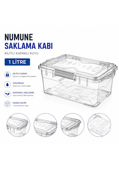 Numune Saklama Kabı Plastik 1 L - Kilit Kapaklı Kutu