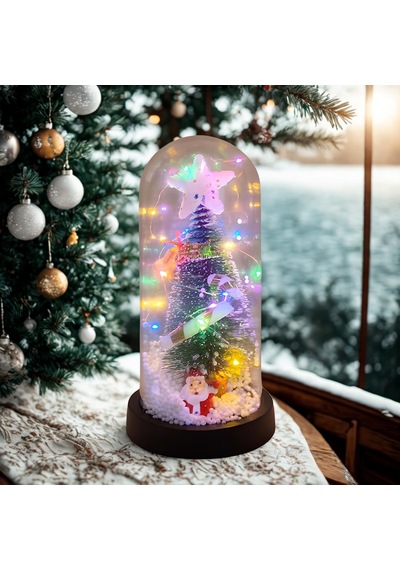 Yılbaşı Temalı Işıklı Cam Fanus Noel Ağacı Dekoru 21x11 Cm 01