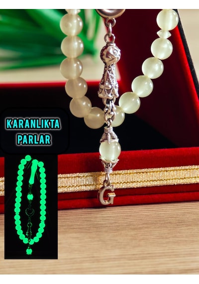 Kedi Gözü Tesbih Gece Karanlıkta Parlayan Model Kişiye Özel Harfli Hediyelik Tesbih Küre Kesim Fosforlu Tesbih Gümüş - Sarı