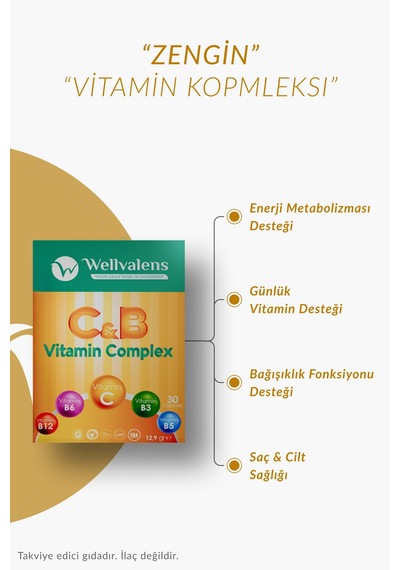 C & B Vitamin Kompleksi - 100 Mg C Vitamini, Biotin Ve B12 İçeren 30 Kapsül
