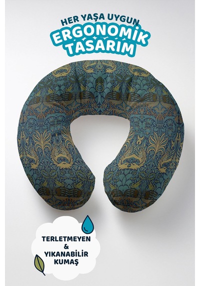 Doğal Motifli Ergonomik Boyun Yastığı - Klasik Yeşil Lacivert Yumuşak Seyahat Yastığı Metalik Gün Doğumu Ekru