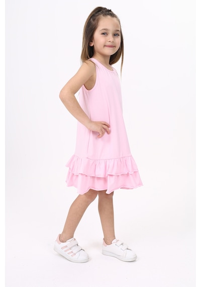 Toontoy Kız Çocuk Palmiye Baskılı Fırfırlı Elbise Açık Pembe