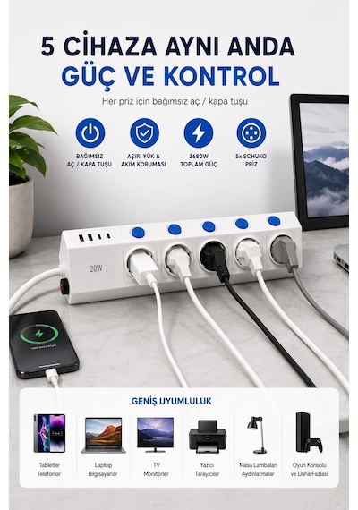 5 Li Akım Korumalı Çoklu Priz 2 Metre Kablolu 3680w 16a 5 Anahtarlı 2usb-a 2 Usb-c Pd 20w Hızlı Ftr-28 Diğer