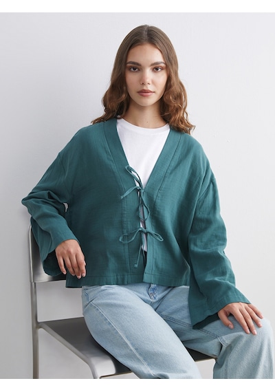 Lcw Modest Yeşil V Yaka Oversize Müslin Kadın Kimono