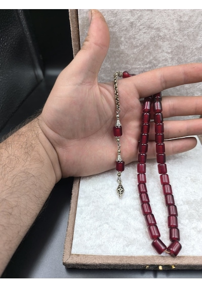Osmanlı Benzetme Sıkma Kehribar Tesbih Bordo, 10x9 Mm Gümüş
