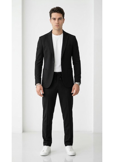 Pike Kumaş Jogger Pantolonlu Erkek Takım Elbise Torba Cepli Tek Düğme Slim Fit Kombin Siyah