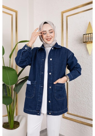Harman Butik Kadın Cepli Düğmeli Kot Ceket Lacivert Lacivert