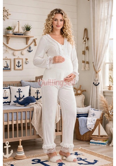 Lady Ekru Renkli Dantel Detaylı 33208 Uzun Kol 2 Parça Lohusa Hamile Pijama Takımı