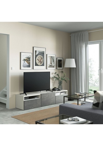 Tv Sehpası, Beyaz-koyu Gri, 180x42x39 Cm, Kallvıken, Çıt Çıt Raylı Gri Tv Sehpası, Beyaz-koyu Gri, 180x42x39 Cm, Kallvıken, Çıt Çıt Raylı Gri
