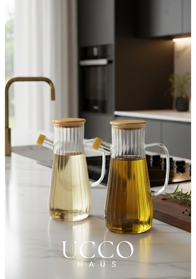 900 Ml Bambu Kapaklı Vakumlu Borosilikat Cam Yağlık Sirkelik Sürahi Yağdanlık Krem