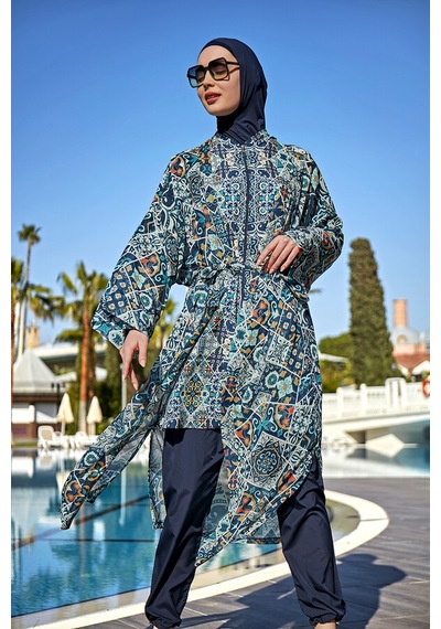 Remsa Mayo Remsa Tesettür Mayo Üzerine Tek Kaftan Kimono Pareo Rp011 İznik Lacivert