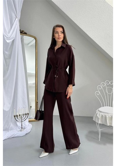 Neşeli Butik Kadın Kahverengi Gömlek Yaka Bağlama Detaylı İkili Takım Nbg125